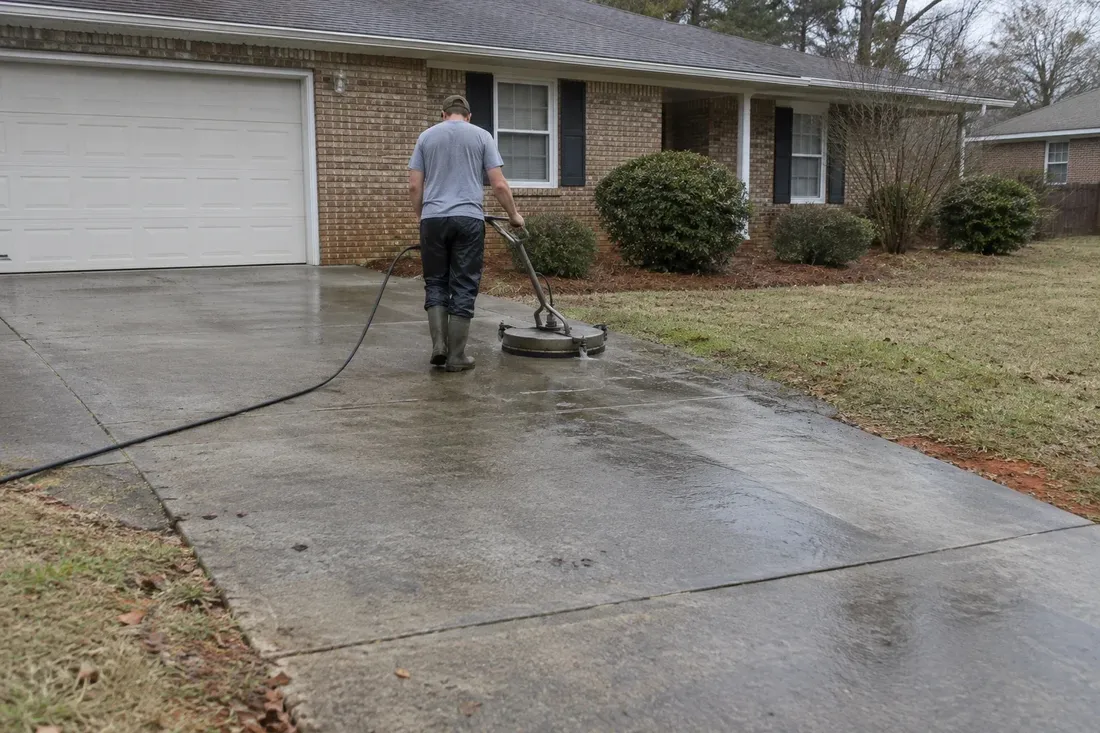 Technician pressure washing outdoor stairs in Greenville, SC