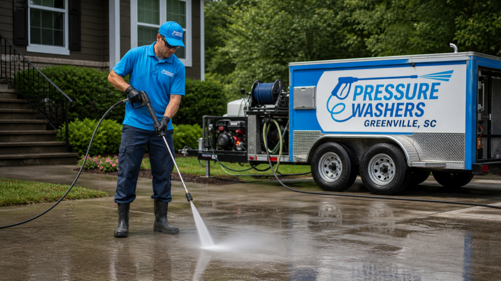 Pressure Washers Greenville SC technician cleaning a driveway