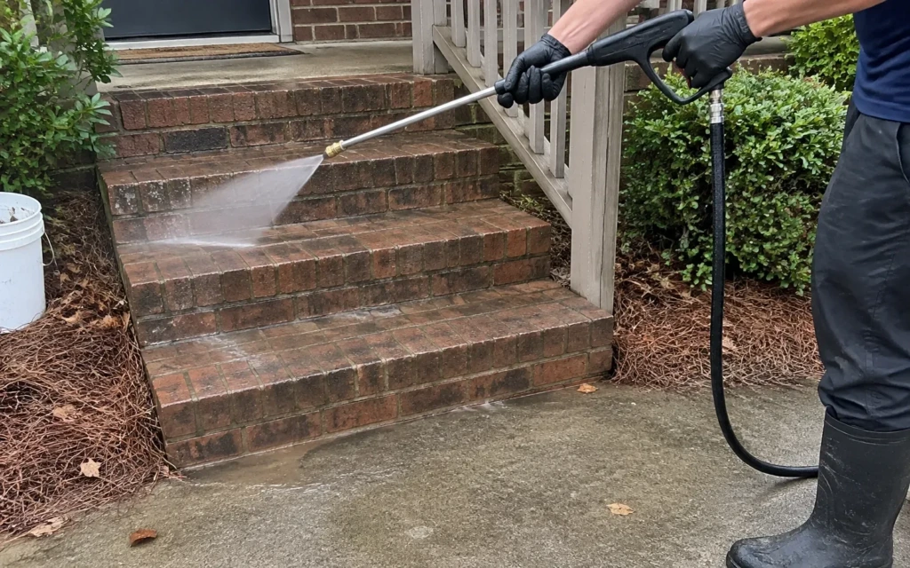 Gloved hands pressure washing brick front steps with a wand, pine straw beds on both sides