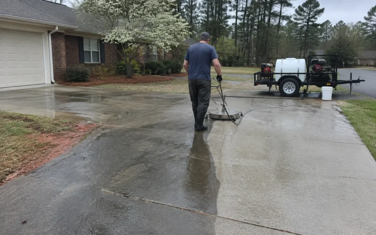 Worker pushing a surface cleaner across a concrete driveway in front of a brick ranch home with a flowering dogwood