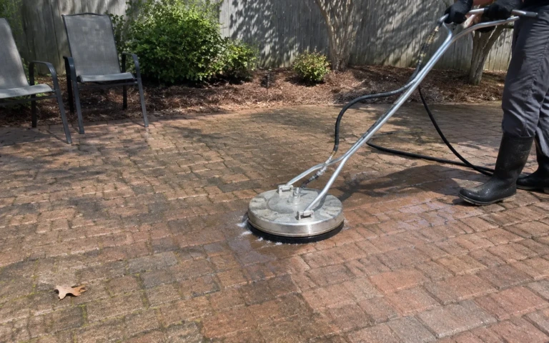 Surface cleaner on a brick paver patio with chairs pushed aside and a wood fence behind