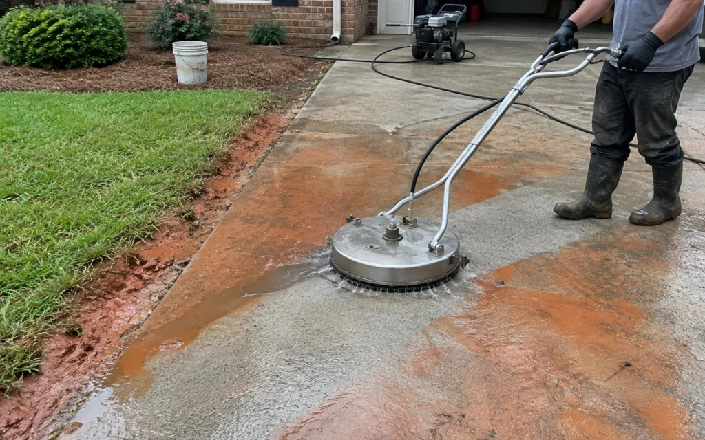 Surface cleaner removing red clay stains from a concrete driveway next to a clay-soil lawn edge
