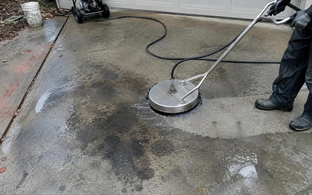 Surface cleaner lifting dark oil stains from a concrete driveway